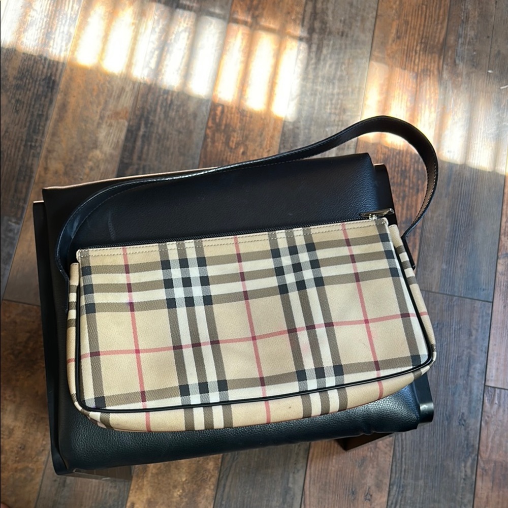 Burberry Black and Tan Messenger Bag with Iconic Check Pattern